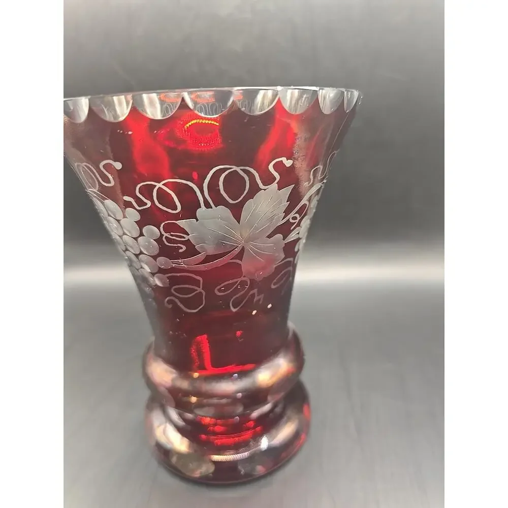Vintage Egermann Style Ruby Cut To Clear Vase With Grapes and Vines 6
